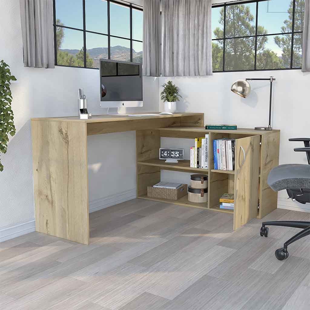 Leoglint Axis Modern L-Shaped Computer Office Desk with Open & Closed Storage -Light Oak