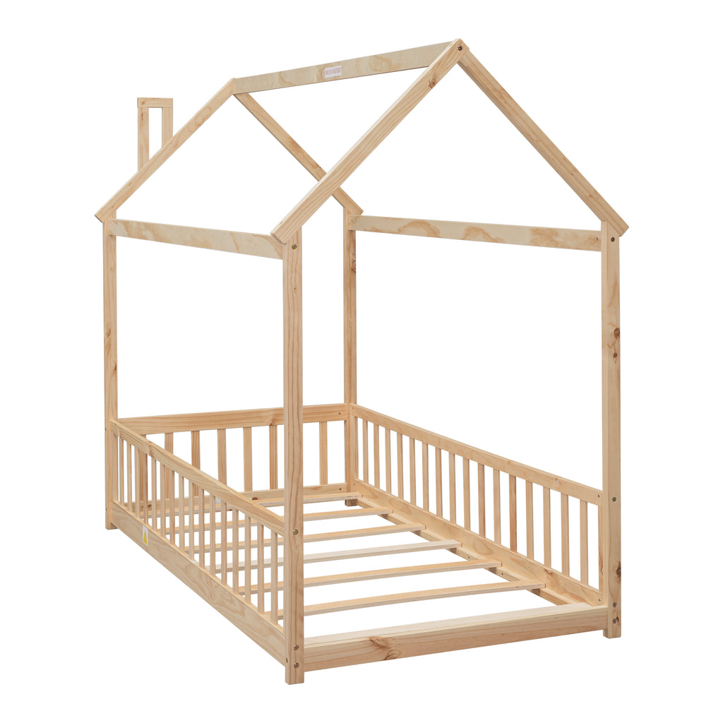 Twin House Bed Frame with Guardrails, Slats ,Natural