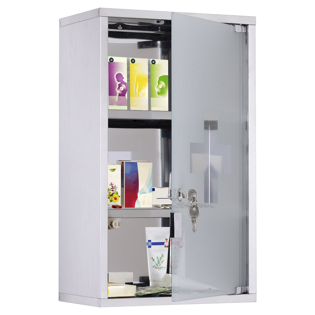 Leoglint kleankin Wall Mounted Medicine Cabinet, Locking Wall Cabinet with 3 Tier Shelves, Stainless Steel Frame and Glass Door, Lockable with 2 Keys, Silver, 12" x 20"