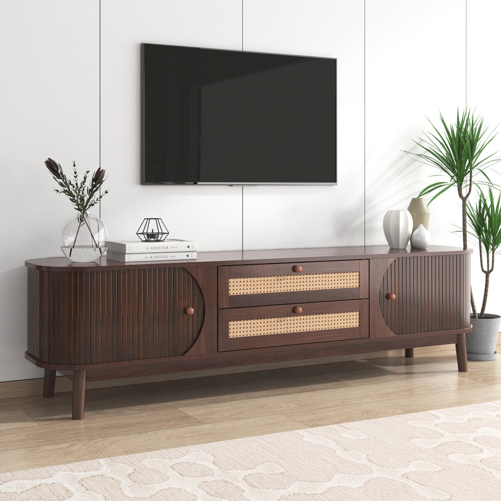 Leoglint Rattan TV Stand for TVs up to 75'', Modern Farmhouse Media Console, Entertainment Center with Solid Wood Legs, TV Cabinet for Living Room,Home Theatre