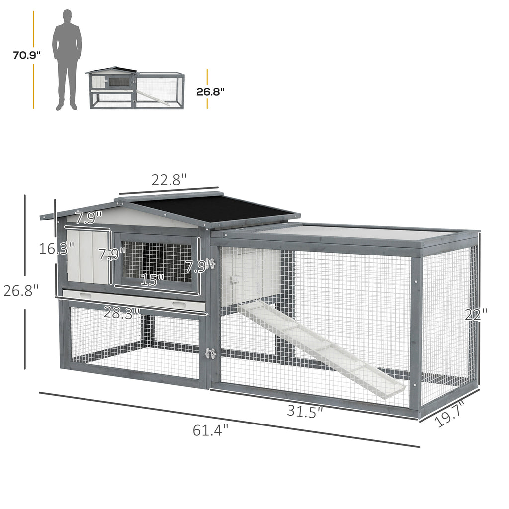 Leoglint Large Rabbit Hutch Outdoor, 2-Tier 61" L Rabbit Cage with Run Feeding Trough Wooden Guinea Pig Hutch with Removable Tray, Ramp, Asphalt Roof, for 1-2 Rabbits, White