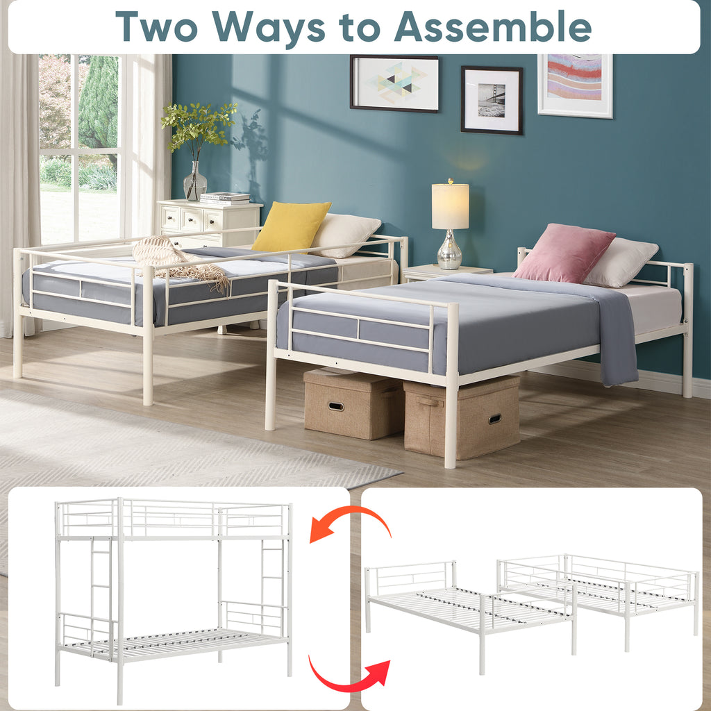 Leoglint Twin Over Twin Metal Bunk Bed Frame,Metal Structure Bedframe with Safety Guardrails and 2 ladders,Convertible Bunkbeds,No Spring Box Required and Space Saving Design,White