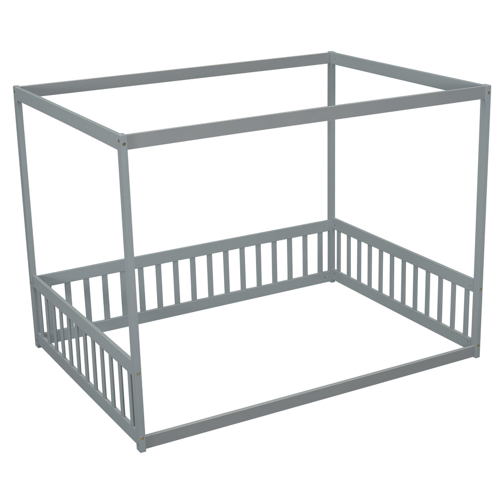 Leoglint Bed Frame Full Size Canopy Frame Floor Bed with Fence, Guardrails,Grey