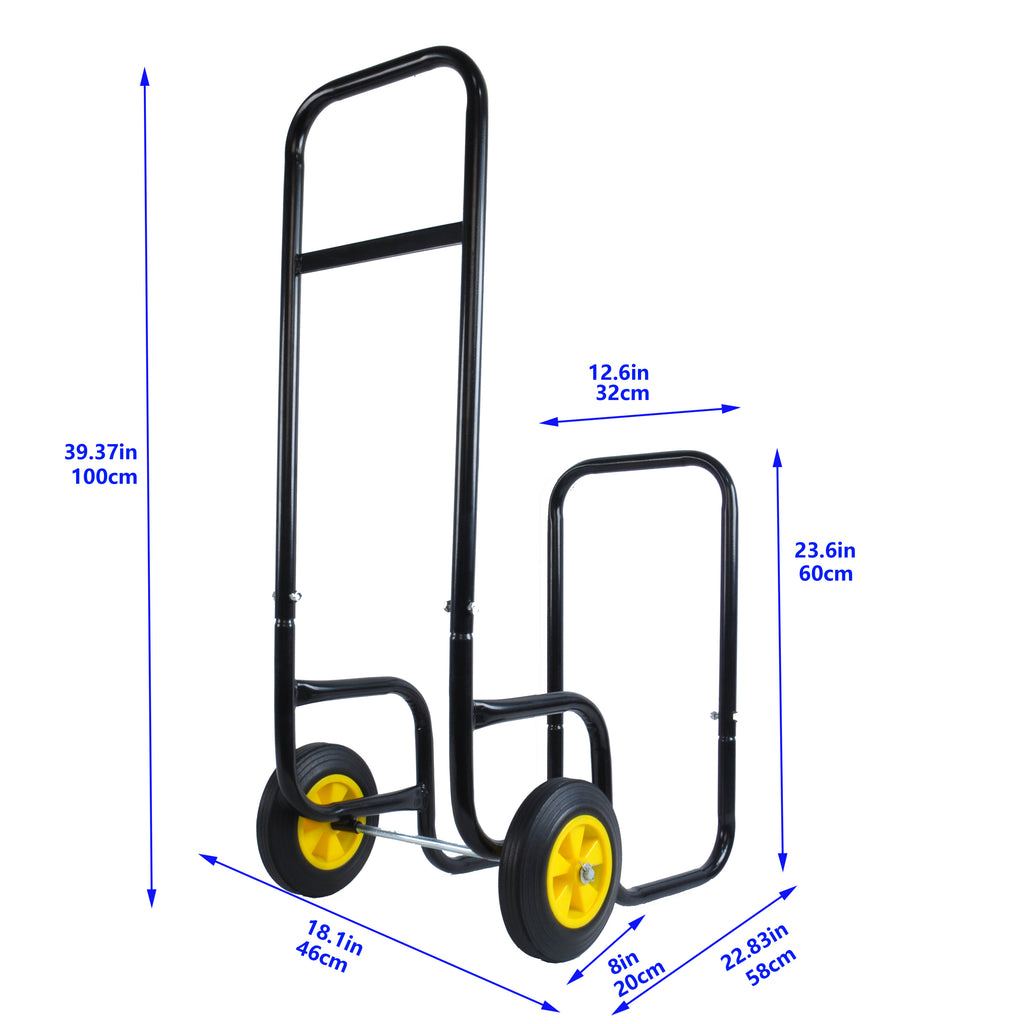 Leoglint Firewood Log Cart Carrier - Outdoor or Indoor Black Steel Wood Rack Storage Mover - Rolling Wheeled Metal Dolly Hauler - Wood Moving Equipment