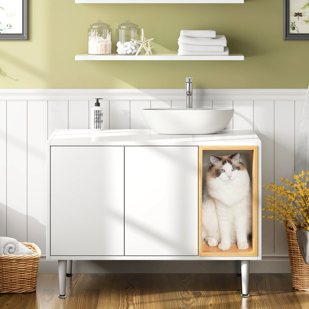 Leoglint bathroom vanity sink cabinet with Cat Litter Box enclosure, Hidden Litter Pet Washroom with Divider, Indoor Cat House for Large Cats, Wooden Cabinet Furniture, White