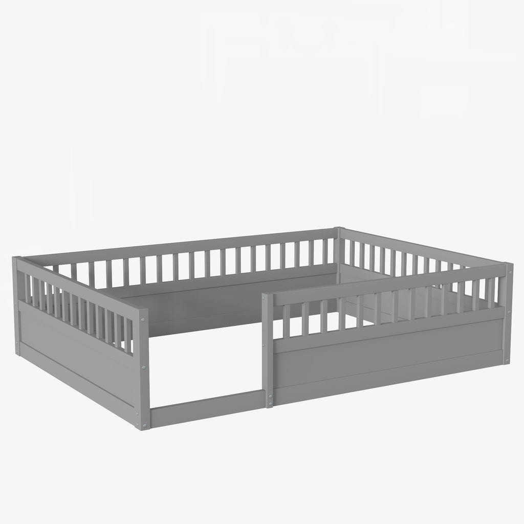 Leoglint Full Floor Bed Frame with Fence, Wood Kids Floor Beds Frame for Bedroom Playroom,Gray(Expect arrive date Jul. 10th)