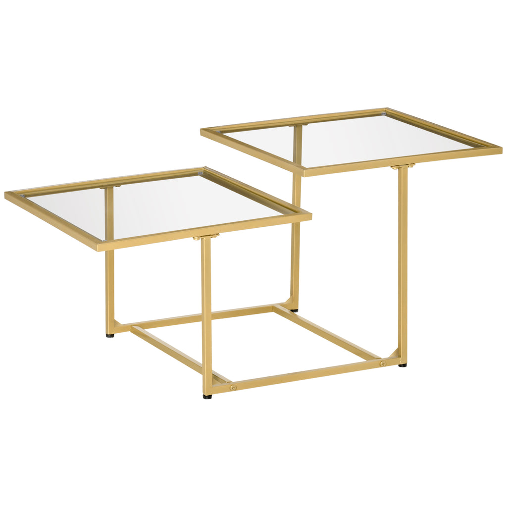 Leoglint Coffee Table, Tempered Glass Coffee Table with 2 Square Tabletops, Modern Coffee Tables for Living Room, Bedroom, Gold