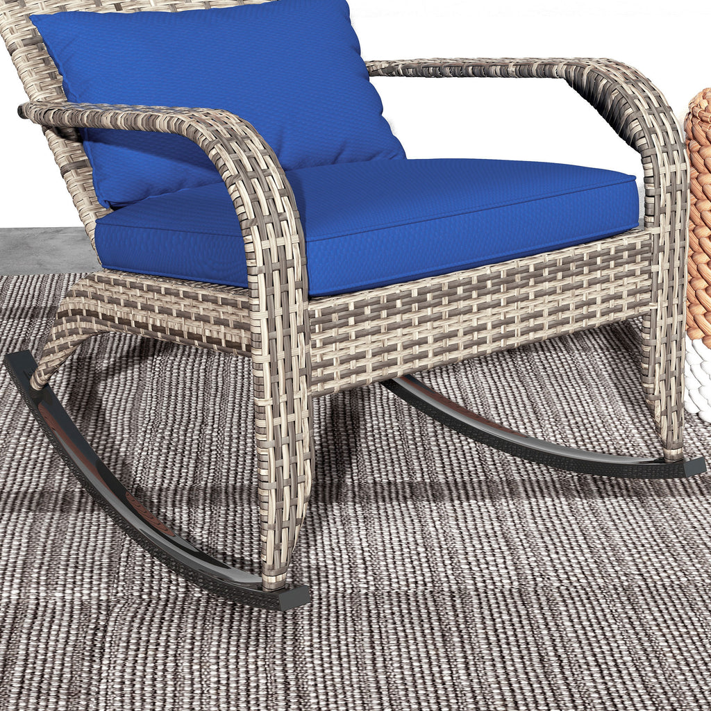 Leoglint Wicker Adirondack Rocking Outdoor Chair, Patio Rattan Rocker Chair with High Back, Seat Cushion, and Pillow for Garden, Porch, Balcony, Dark Blue