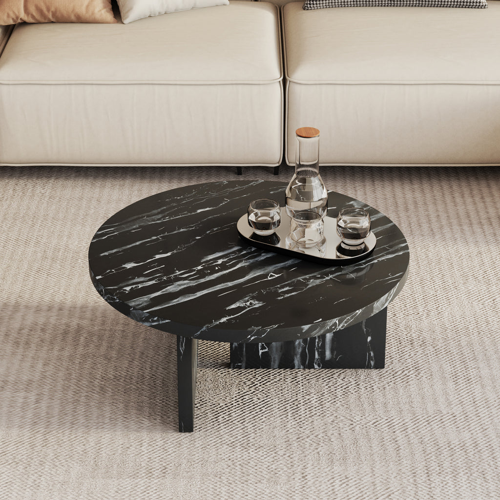 Leoglint Black MDF material circular coffee table with texture, 31.4 inch black middle table, modern tea table, suitable for small spaces, living room.