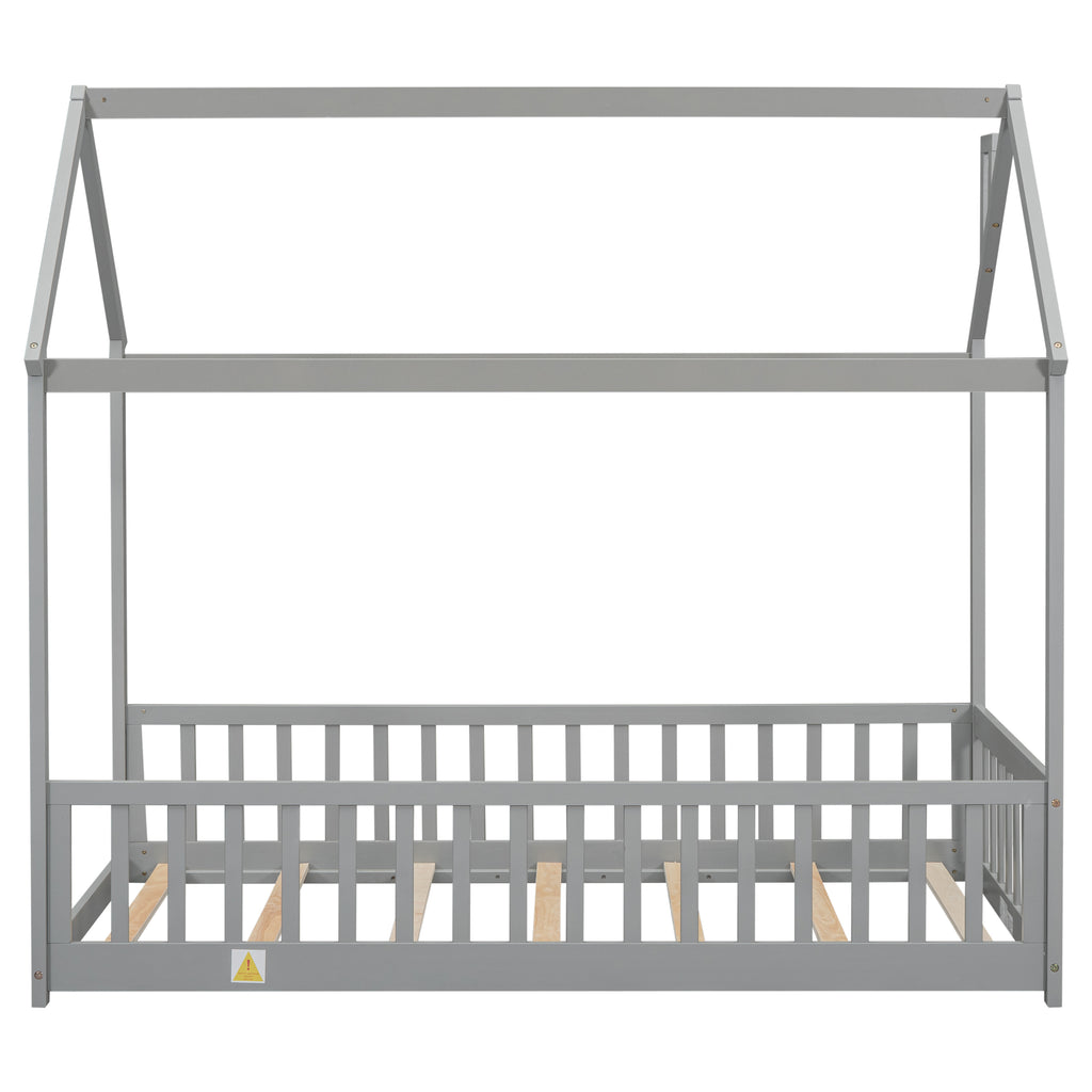 Twin House Bed Frame with Guardrails, Slats ,Grey