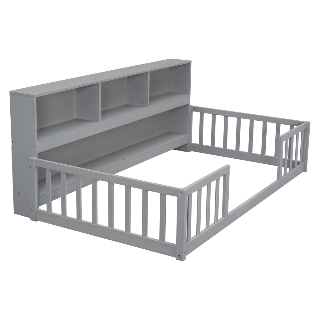 Twin Floor Bed Frame  with  Bedside Bookcase,Shelves,Guardrails,Grey