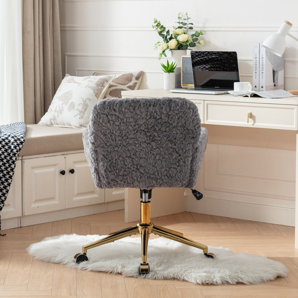 Leoglint A&A Furniture Office Chair,Artificial rabbit hair Home Office Chair with Golden Metal Base,Adjustable Desk Chair Swivel Office Chair,Vanity Chair(Gray)