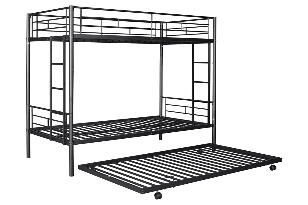 Metal Twin over Twin Bunk Bed Frame with Trundle/Can Be Separated into 2 Twin Beds/ Heavy-duty Sturdy Metal/ Noise Reduced/ Safety Guardrail/ Trundle for Flexible Space/ Bunk Bed for Three/ CPC Certified