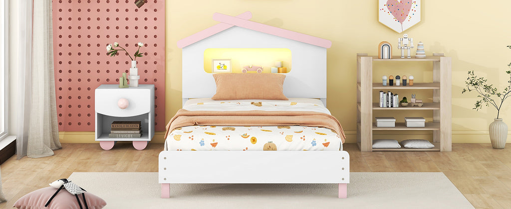 Leoglint Twin Size Wood Platform Bed Frame with House-shaped Headboard and Motion Activated Night Lights (White+Pink)