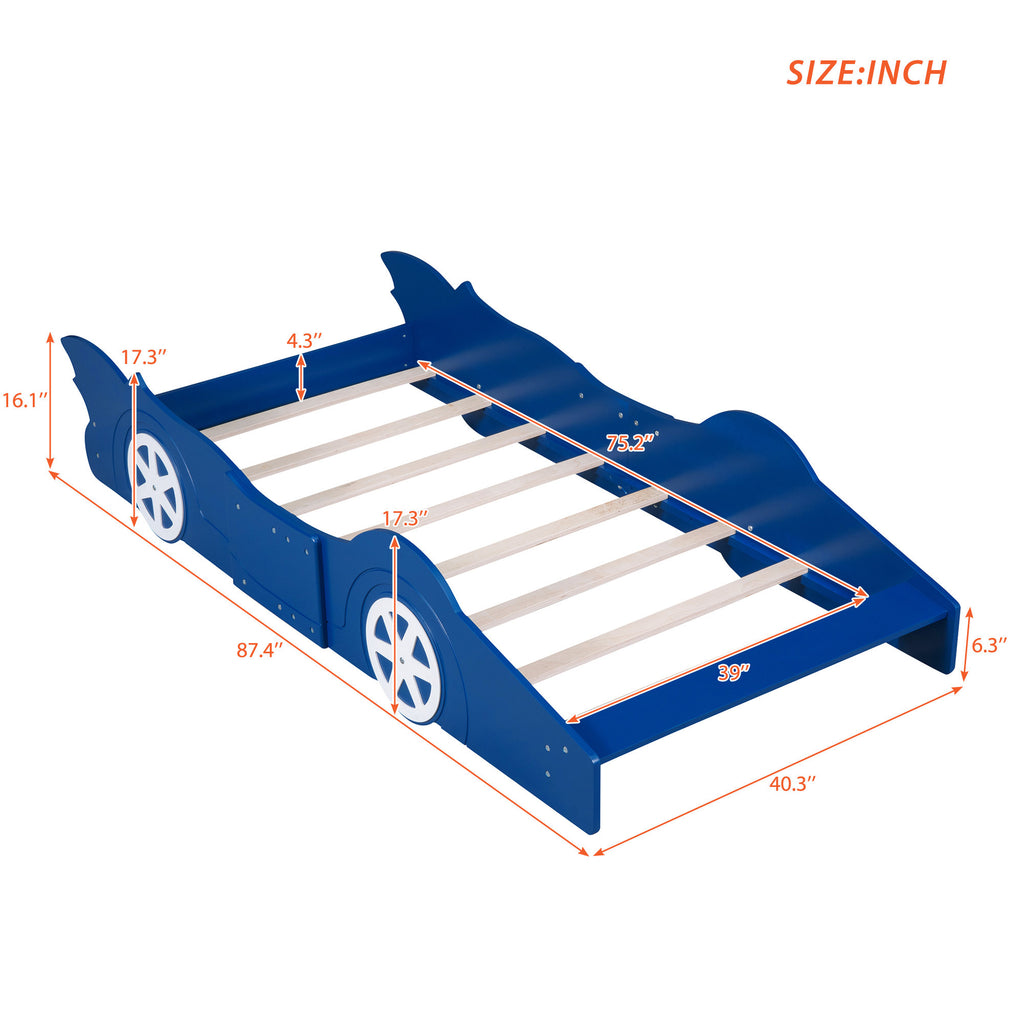 Leoglint Twin Size Race Car-Shaped Platform Bed Frame with Wheels,Blue