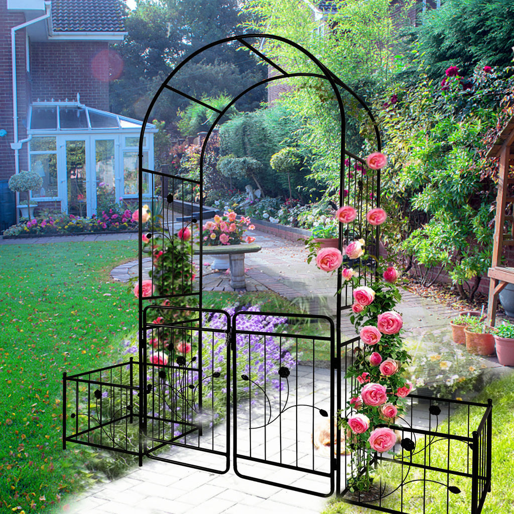 Leoglint Metal Garden Trellis with Gate 79.5'' Wide x 86.6'' High Climbing Plants Support Rose Arch Outdoor Black