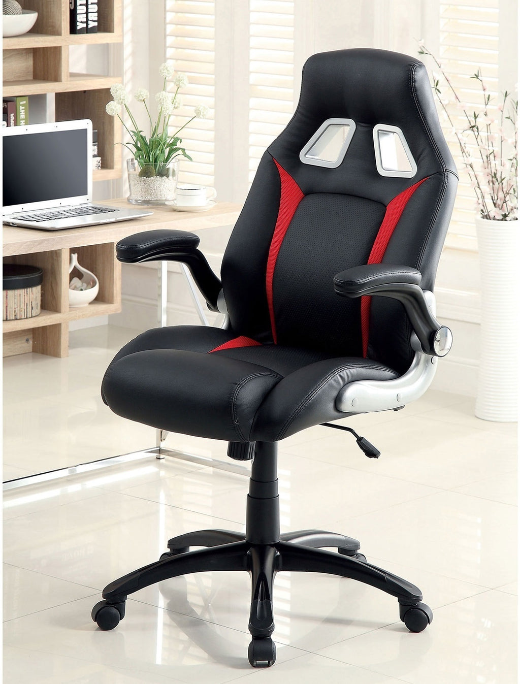 Leoglint Stylish Office Chair Upholstered 1pc Comfort Adjustable Chair Relax Gaming Office Chair Work Black And Red Color Padded Armrests