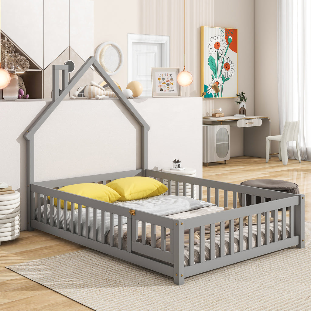 Leoglint Bed Frame Full House-Shaped Headboard Floor Bed with Fence ,Grey