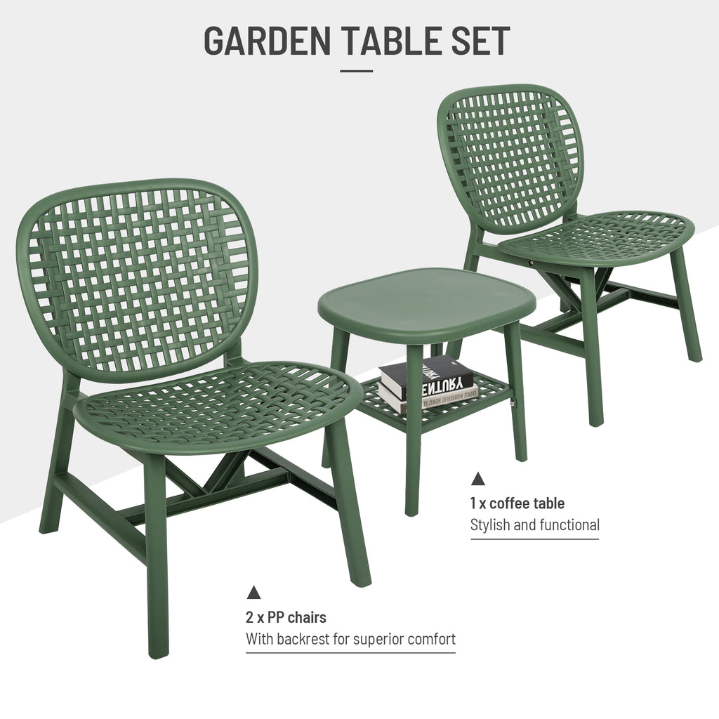 Leoglint 3 Pieces Hollow Design Retro Patio Table Outdoor Chair Set All Weather Conversation Bistro Set Outdoor Table with Open Shelf and Lounge Chairs with Widened Seat for Balcony Garden Yard  Green