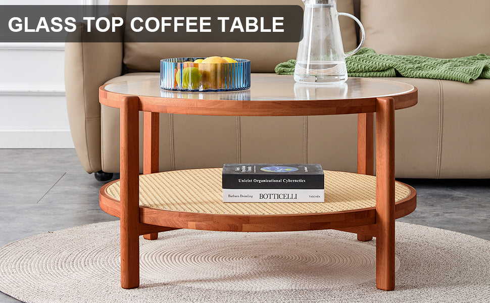 Leoglint Modern minimalist circular double-layer solid wood coffee table, craft glass tabletop, second layer material: PE rattan, solid wood frame. 34.6 '* 34.6' * 17.7''