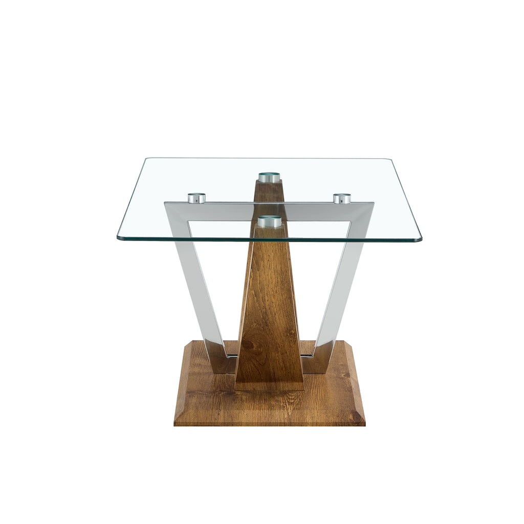 Leoglint Modern minimalist transparent tempered glass coffee table with wooden MDF legs and stainless steel decorative columns. Computer desk. Game table. CT-907