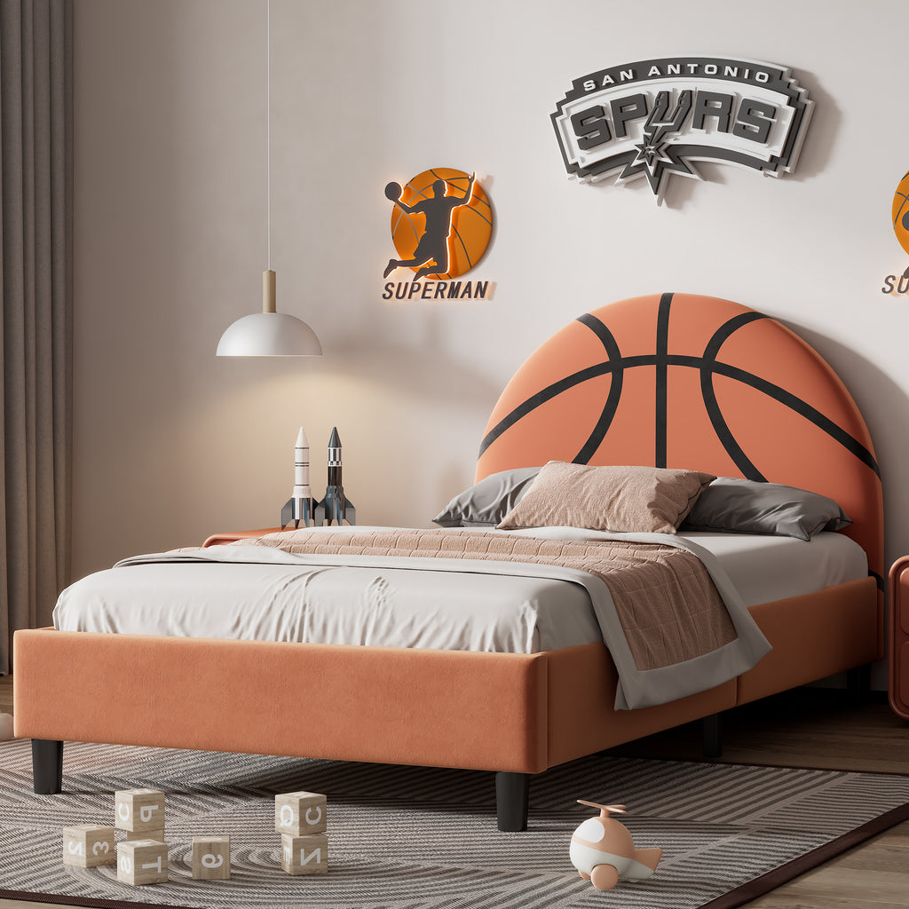 Leoglint Bed Frame Basketball Design Upholstered Twin Platform Bed Sport Style Bed for Boys & Girls, Teens, Orange