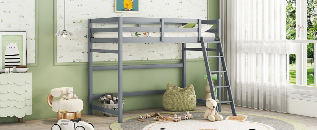 Leoglint Twin Size High Loft Bed Frame with inclined Ladder, Guardrails,Grey