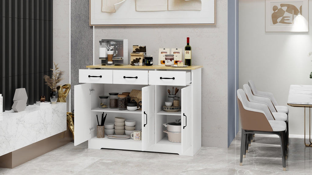 Leoglint Farmhouse Buffet Cabinet Storage Sideboard with 3 Drawers and 3 Doors for Dining Living Room Kitchen Cupboard-White