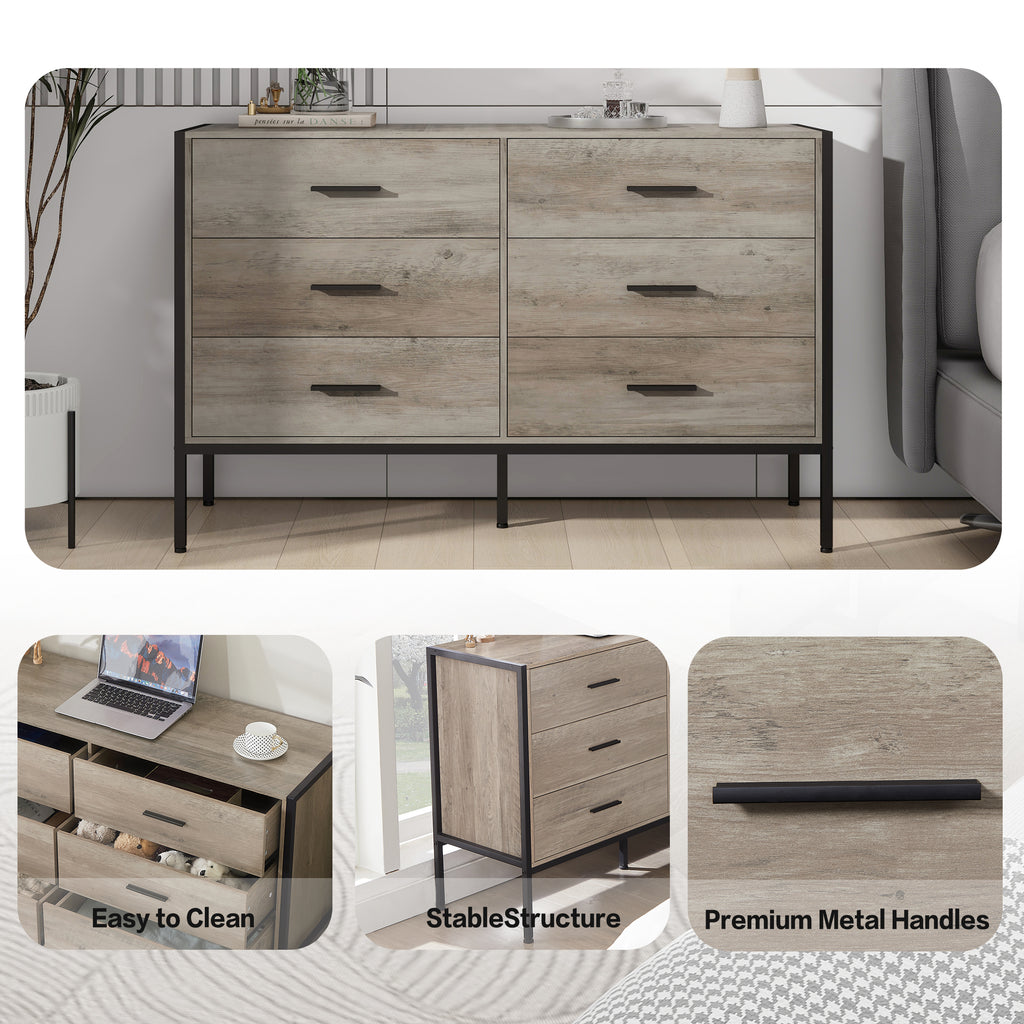 Leoglint Wood Drawer Chest Dresser with 6 Drawers, Wooden Storage Closet for Bedroom, Solid Clothes Cabinet with Sturdy Steel Frame, 48.58"W×15.75"D×31.22"H, 48 inch, Rustic Grey