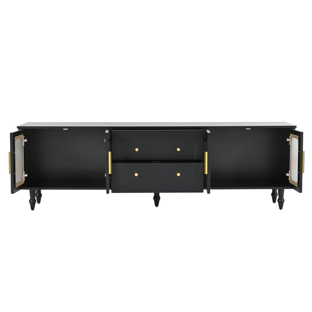 Leoglint ON-TREND Retro Design TV Stand with Fluted Glass Doors for TVs Up to 78'', Practical Media Console with 2 Drawers and Cabinets, Elegant Entertainment Center for Living Room, Black