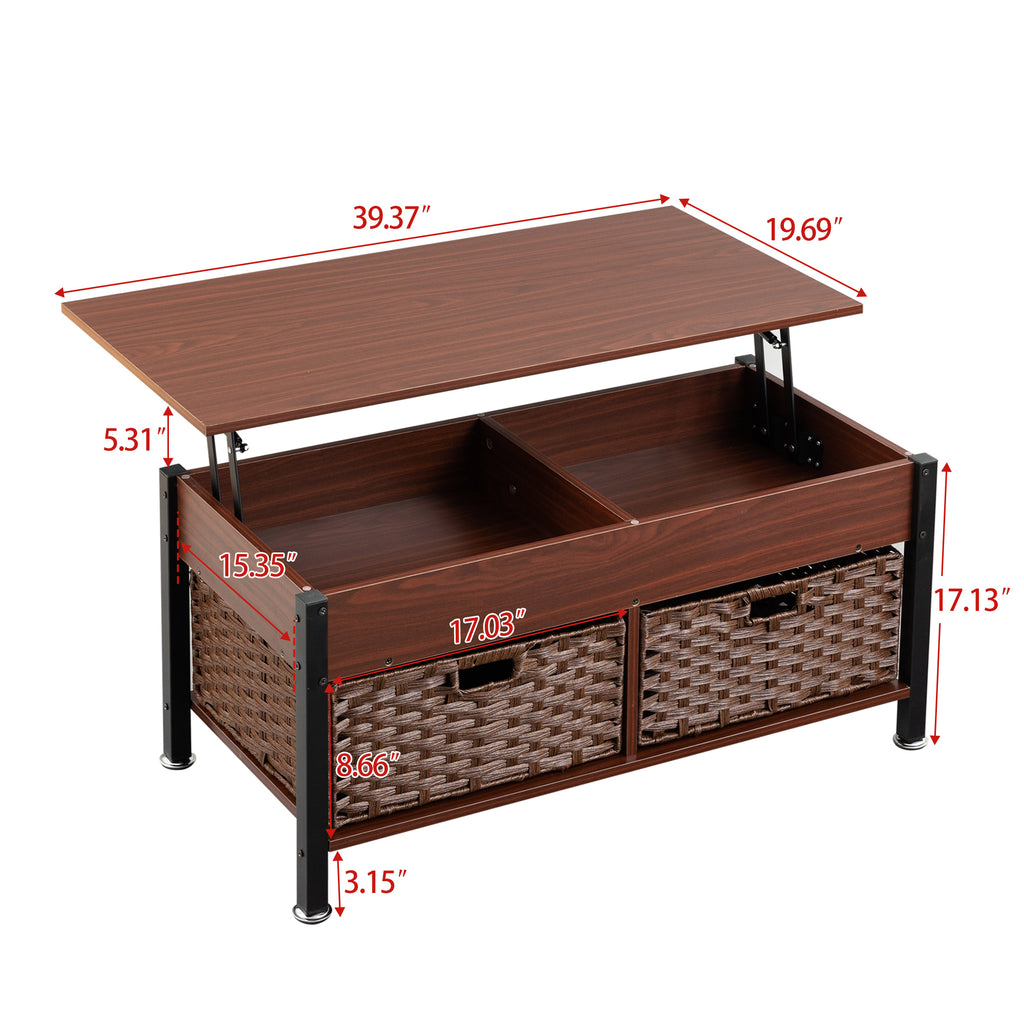 Leoglint Metal coffee table,desk,with a lifting table,and hidden storage space.There were two removable wicker baskets that could be placed in any space such as the living room,color:brownwith solid wood grain