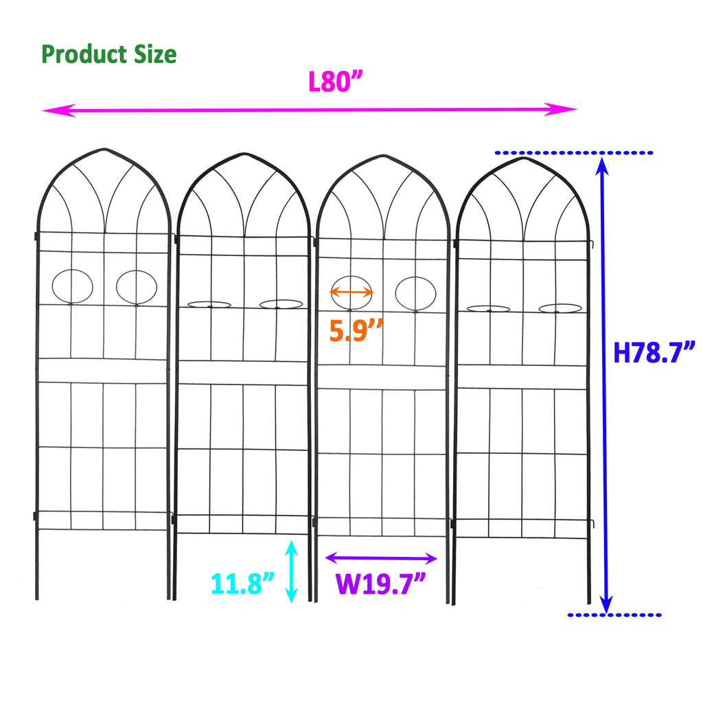 Leoglint 4 Pack Metal Garden Trellis 78.7" x 19.7" Rustproof Trellis for Climbing Plants Outdoor Flower Support Black