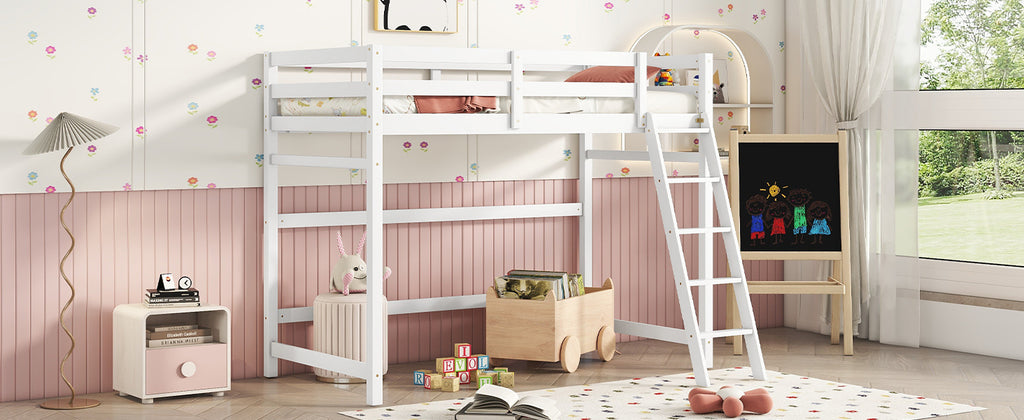 Leoglint Twin Size High Loft Bed Frame with inclined Ladder, Guardrails,White