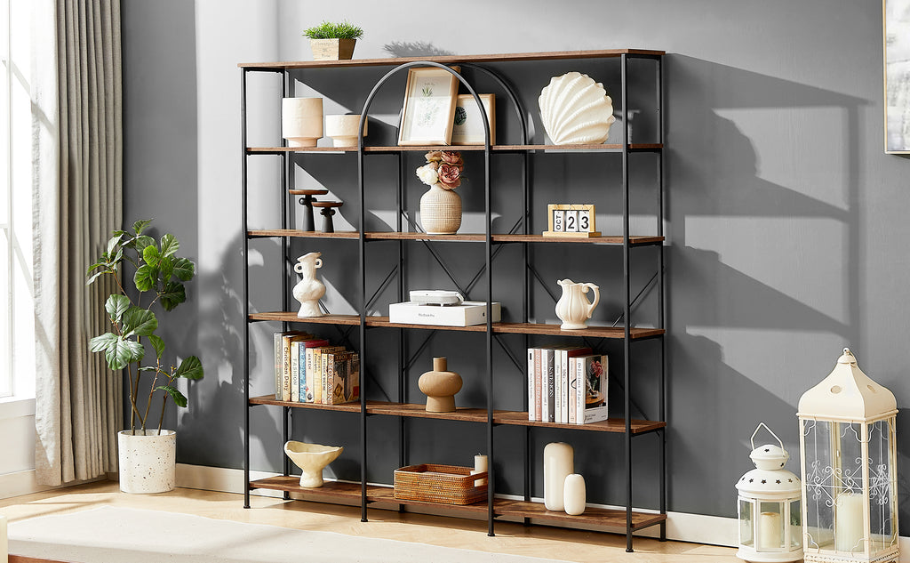 Leoglint 6 Tier Bookcase Home Office Open Bookshelf, Vintage Industrial Style Shelf with Metal Frame, MDF Board, Brown