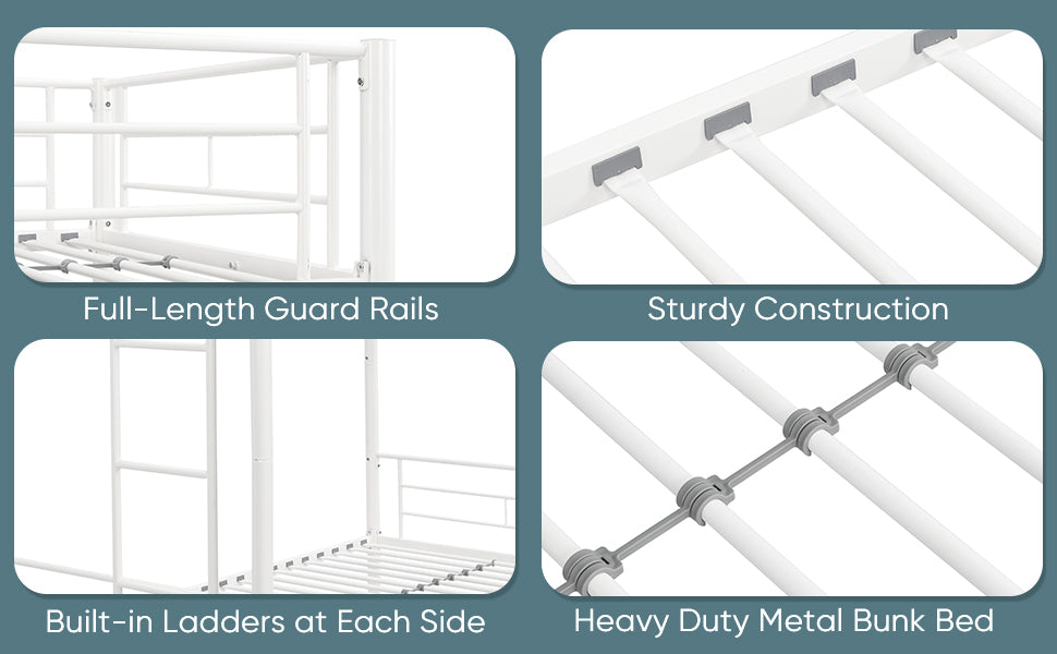 Leoglint Twin Over Twin Metal Bunk Bed Frame,Metal Structure Bedframe with Safety Guardrails and 2 ladders,Convertible Bunkbeds,No Spring Box Required and Space Saving Design,White