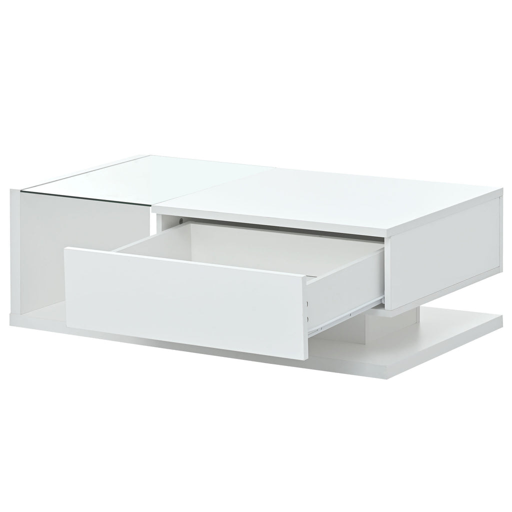 Leoglint [VIDEO provided] ON-TREND Modern Coffee Table with Tempered Glass, Wooden Cocktail Table with High-gloss UV Surface, Modernist 2-Tier Rectangle Center Table for Living Room, White