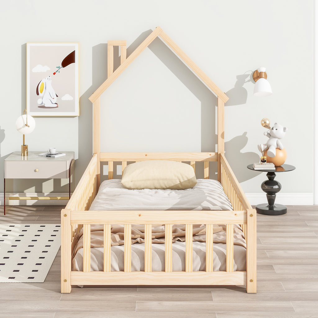 Twin House-Shaped Headboard Floor Bed Frame with Fence,Natural