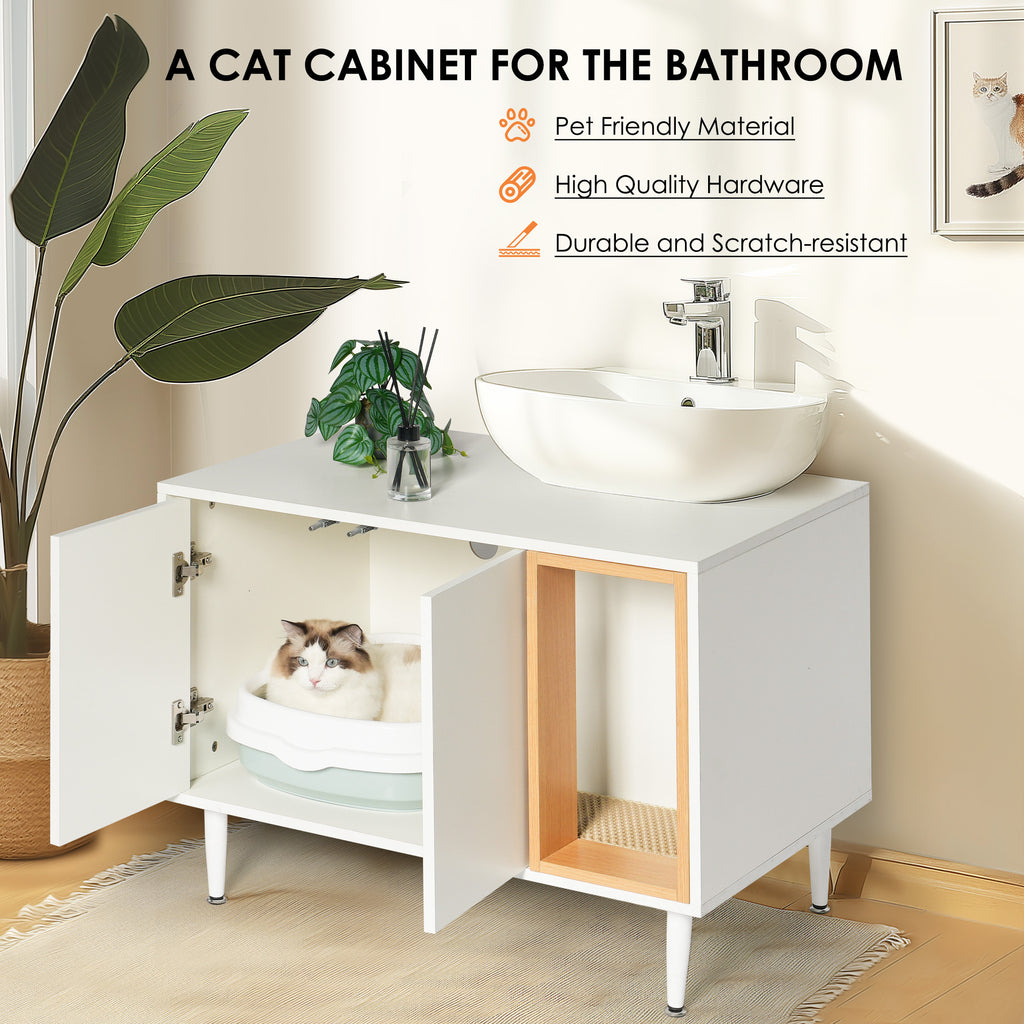 Leoglint bathroom vanity sink cabinet with Cat Litter Box enclosure, Hidden Litter Pet Washroom with Divider, Indoor Cat House for Large Cats, Wooden Cabinet Furniture, White