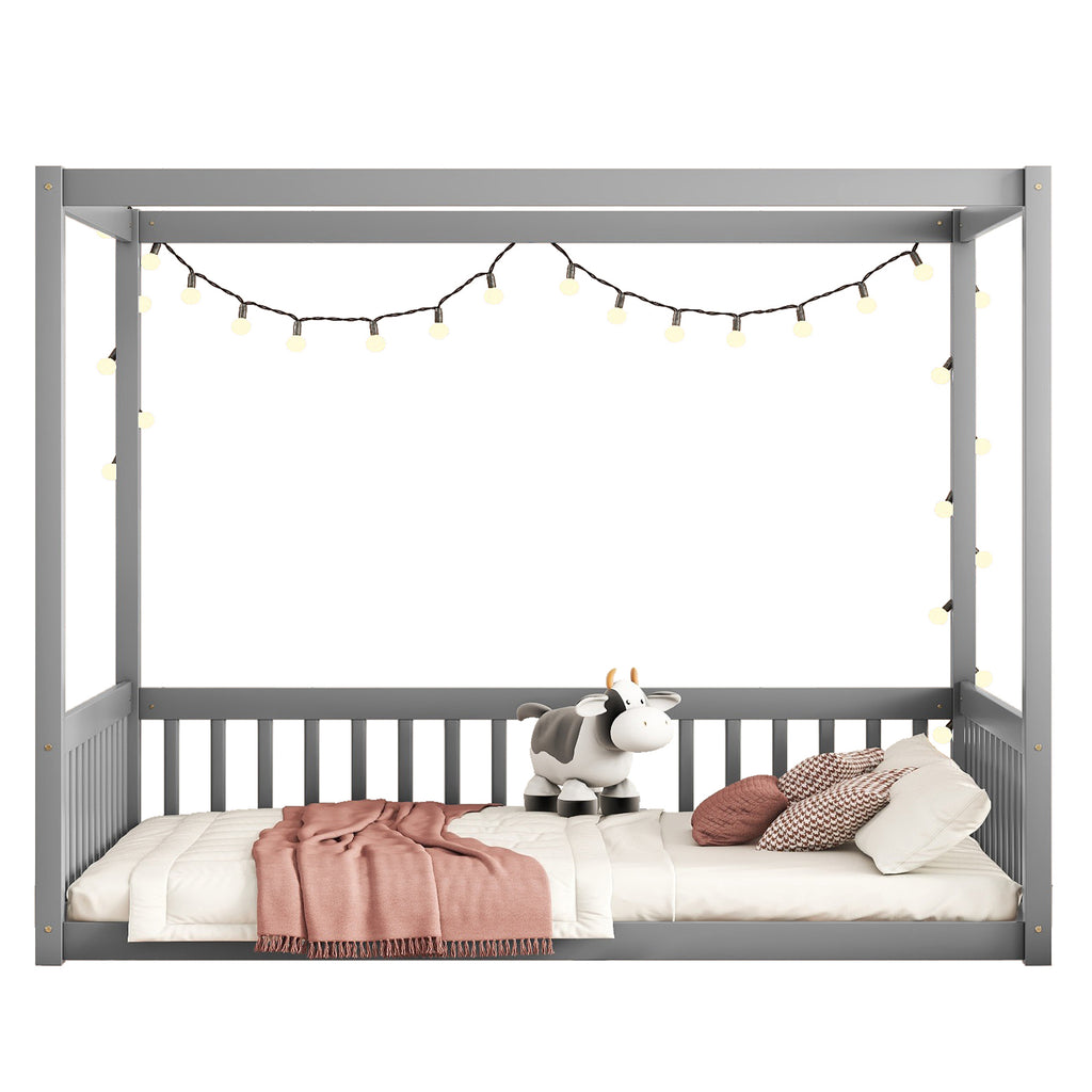 Leoglint Bed Frame Full Size Canopy Frame Floor Bed with Fence, Guardrails,Grey