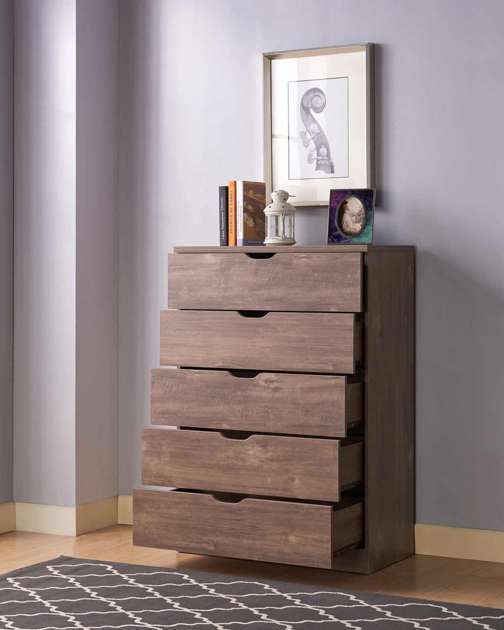 Leoglint Modern five drawer chest,clothes and storage chest cabinet with cutout handles in Hazelnut color