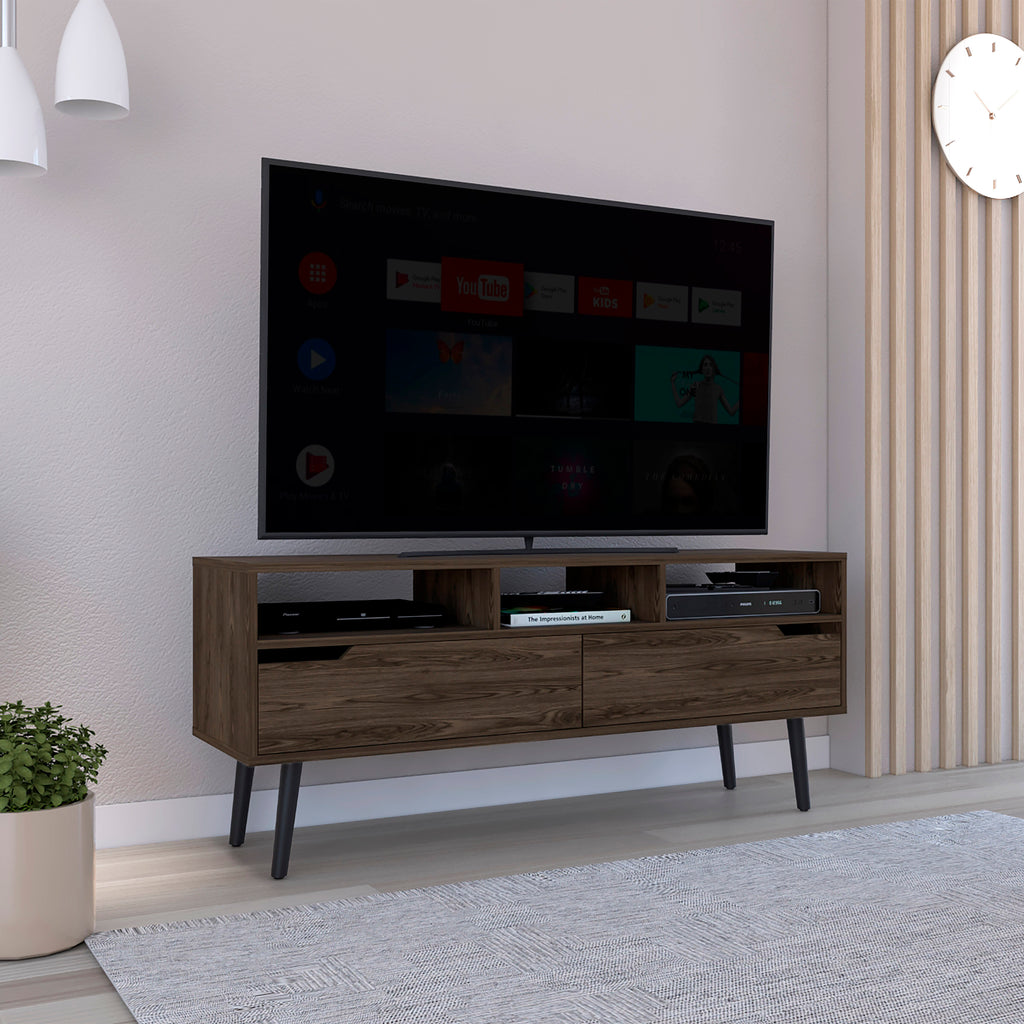 Leoglint Tv Stand for TV´s up 52" Bull, Three Open Shelves, Two Flexible Drawers, Dark Walnut Finish