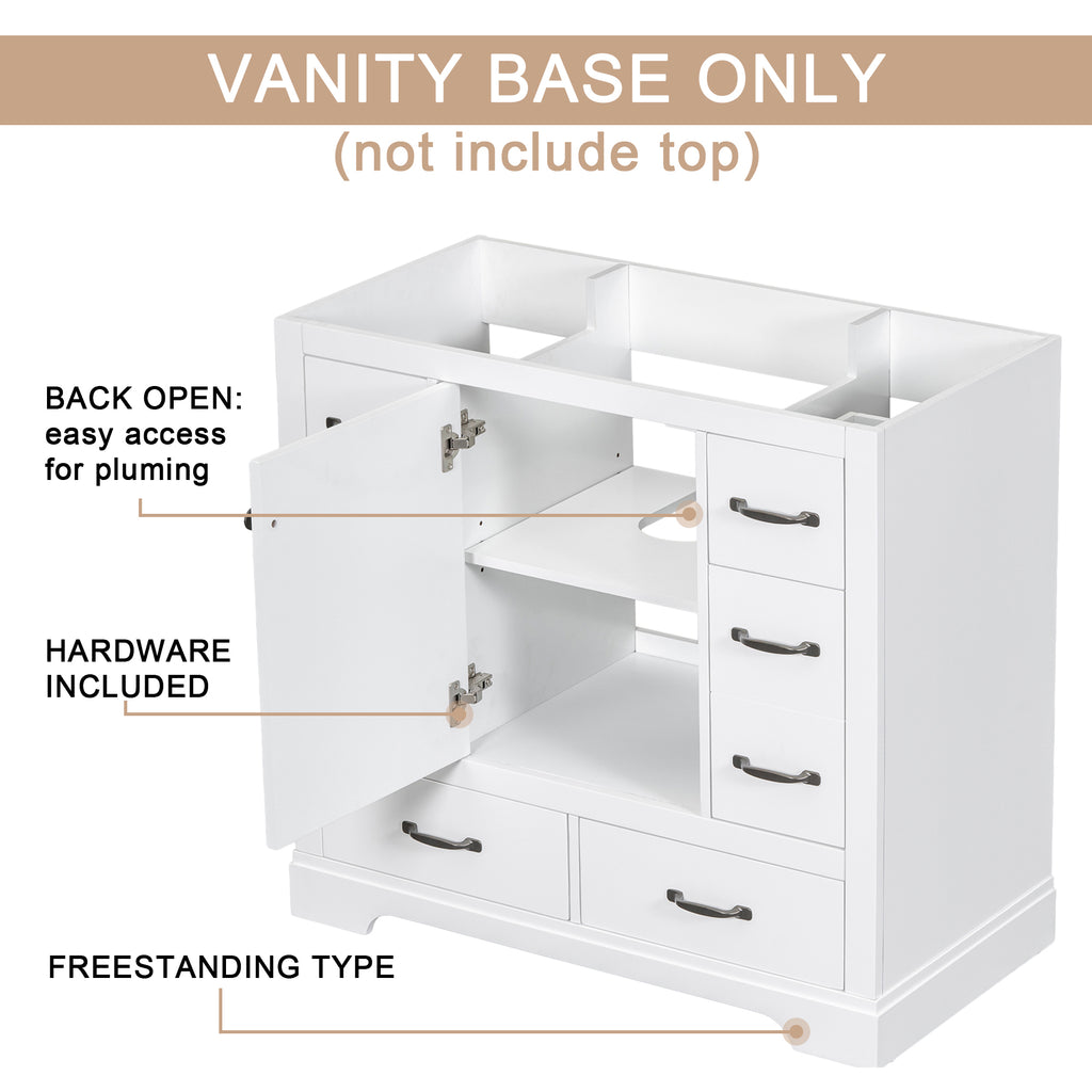 Leoglint 36" Bathroom Vanity without Sink, Cabinet Base Only, Six Drawers, Multi-Functional Drawer Divider, Adjustable Shelf, White