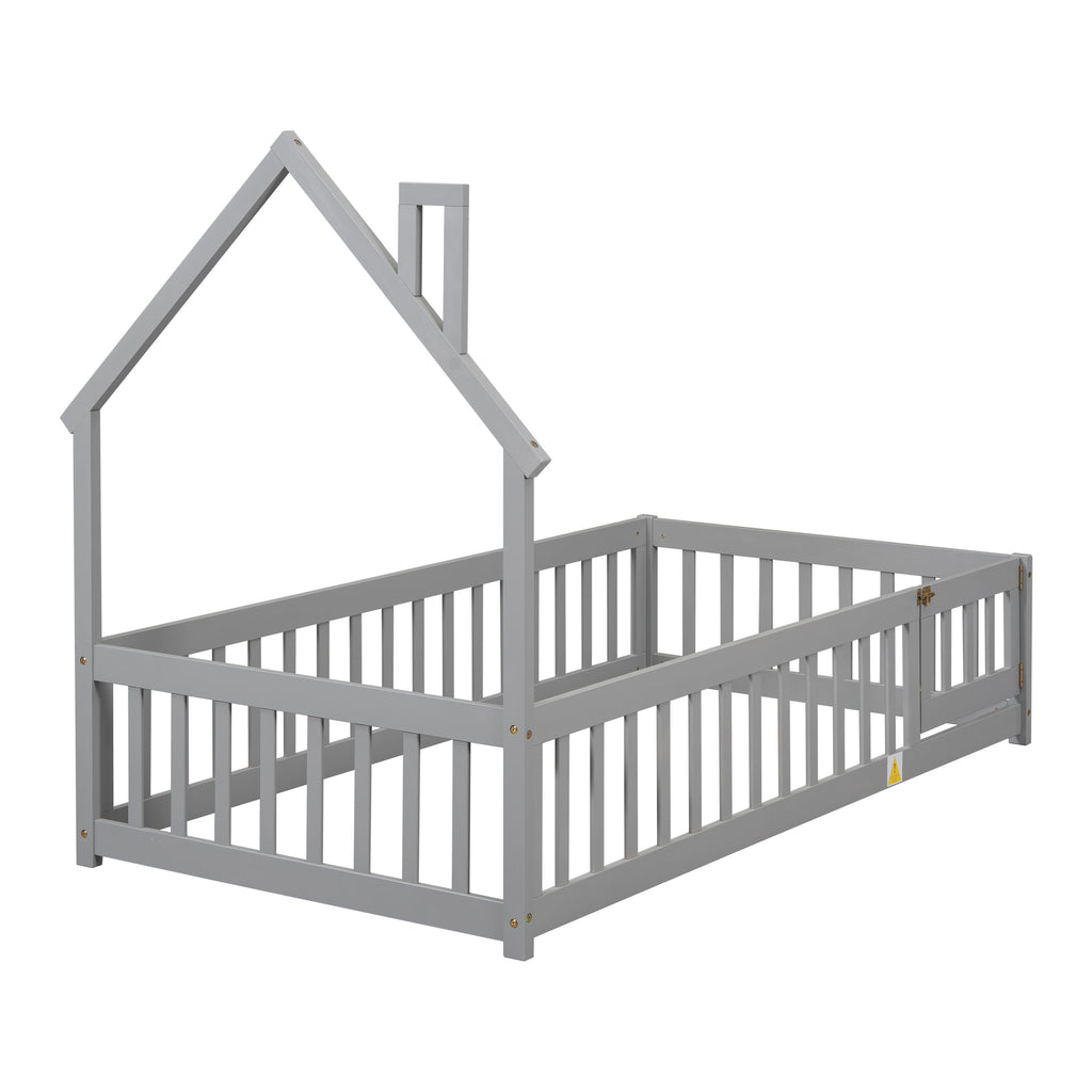 Twin House-Shaped Headboard Floor Bed Frame with Fence,Grey