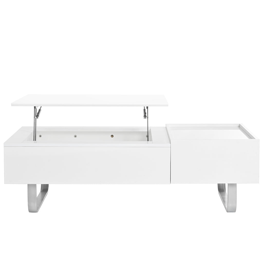 Leoglint [VIDEO provided] ON-TREND Multi-functional Coffee Table with Lifted Tabletop, Contemporary Cocktail Table with Metal Frame Legs, High-gloss Surface Dining Table for Living Room, White