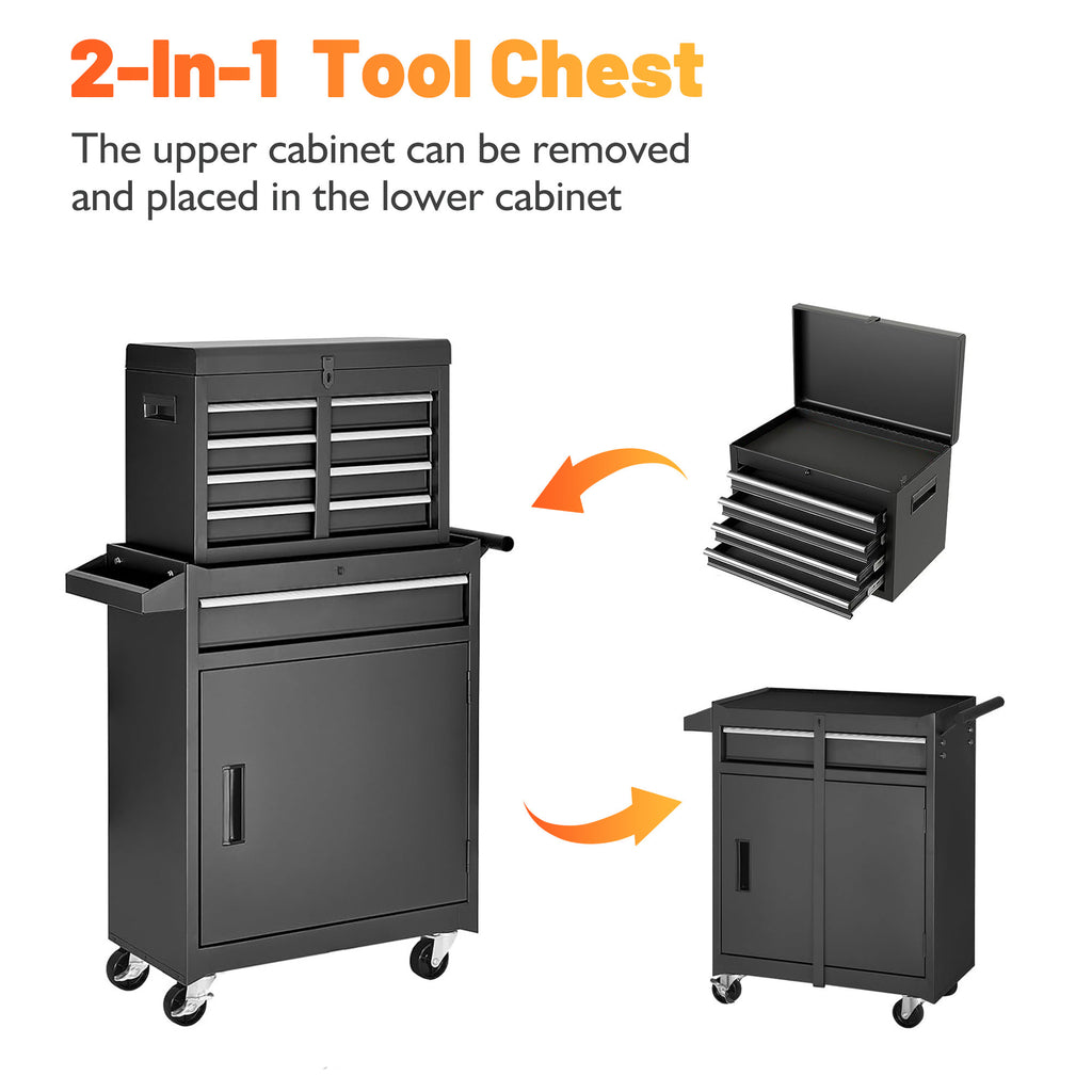 Leoglint Tool Chest, 5-Drawer Rolling Tool Storage Cabinet with Detachable Top Tool Box, Liner, Universal Lockable Wheels, Adjustable Shelf, Locking Mechanism, Metal Tool Cart for Garage Workshop