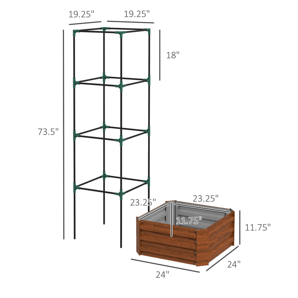 Leoglint Garden Trellis Galvanized Raised Garden Bed, 24" x 24" x 11.75" Outdoor Planter Box with Trellis Tomato Cage and Open Bottom for Climbing Vines, Vegetables, Flowers in Backyard, Garden, Patio, Brown