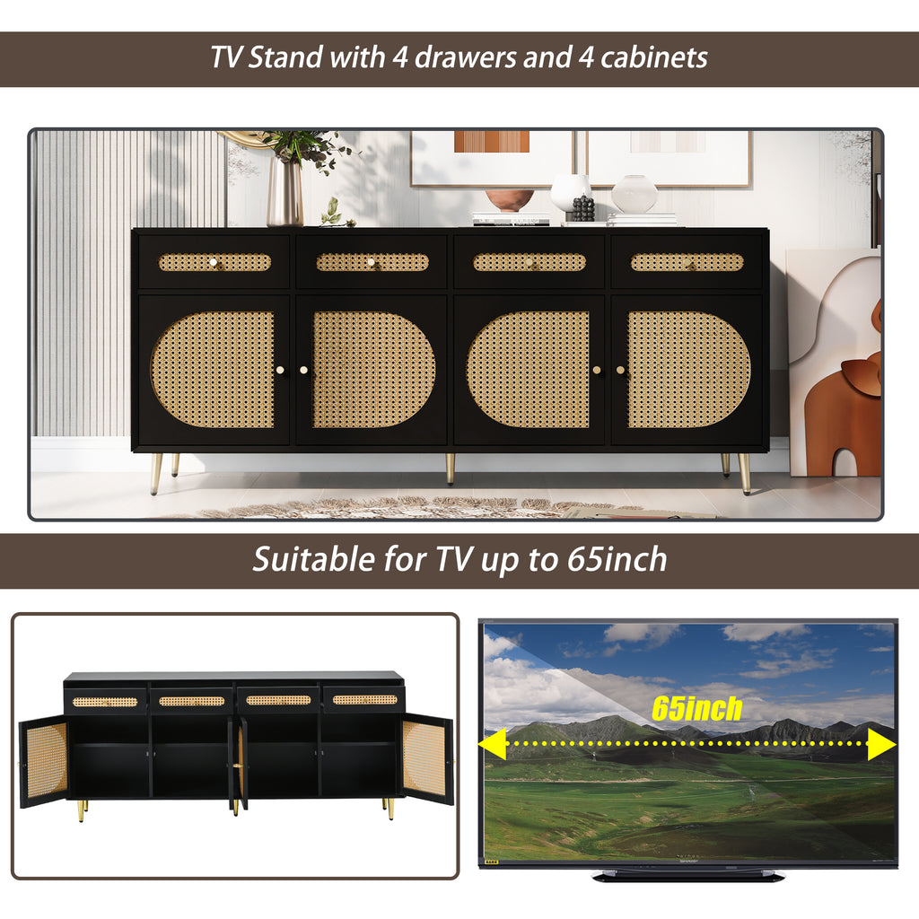 Leoglint U-Can TV Stand with Rattan Door,Woven Media Console Table with Adjustable Shelves for TVs up to 65",Storage Sideboard Cabinet for Living Room