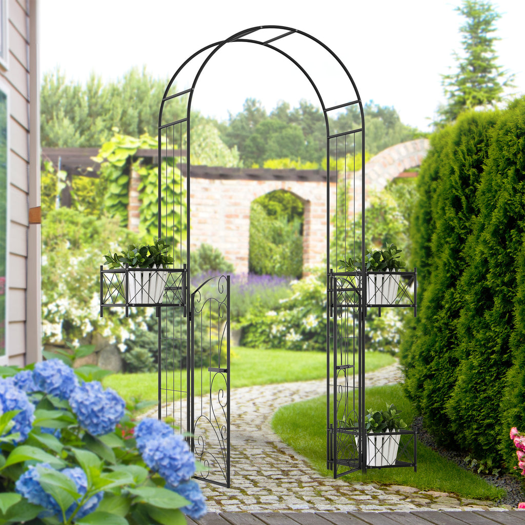 Leoglint 7' Garden Trellis Arbor, Metal Arch Trellis with Gate, Garden Archway for Climbing Vines, Wedding Ceremony Decoration, Black