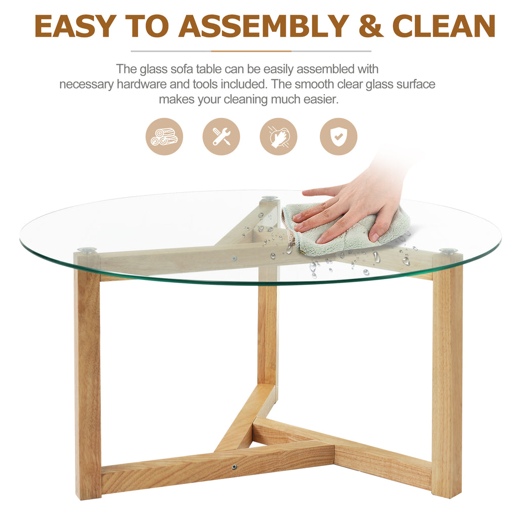 Leoglint [New Picture] ON-TREND Round Glass Coffee Table Modern Cocktail Table Easy Assembly with Tempered Glass Top & Sturdy Wood Base, Natural (OLD SKU: WF190112AAL)