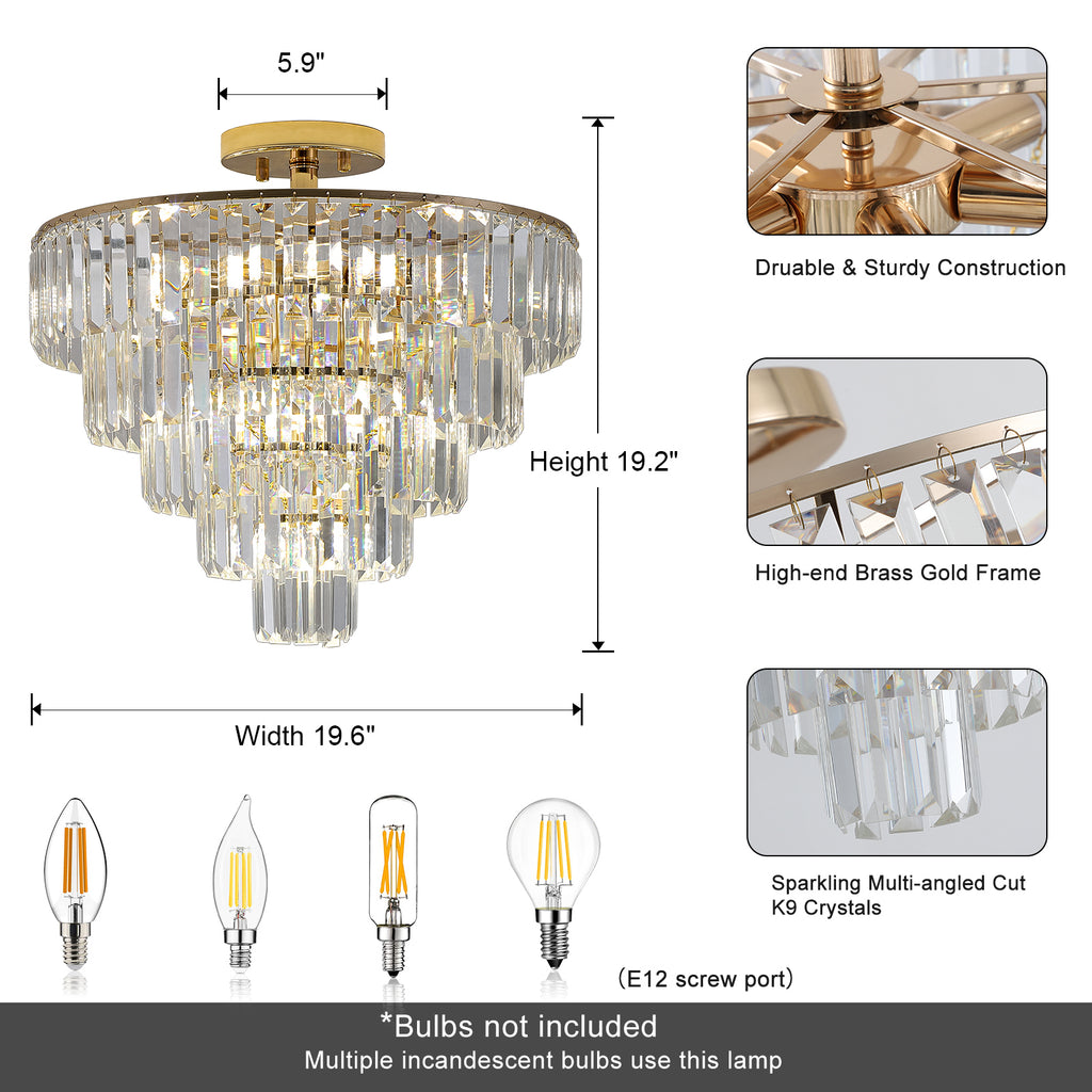 Leoglint Pendant Gold Crystal Chandeliers,5-Tier Round Semi Flush Mount Chandelier Light Fixture,Large Contemporary Luxury Ceiling Lighting for Living Room Dining Room Bedroom Hallway